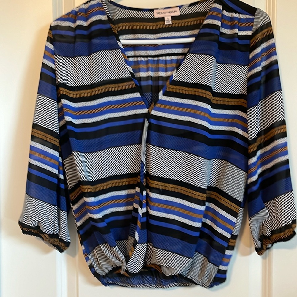 Sequin Hearts sheer blue and black and gold and white top